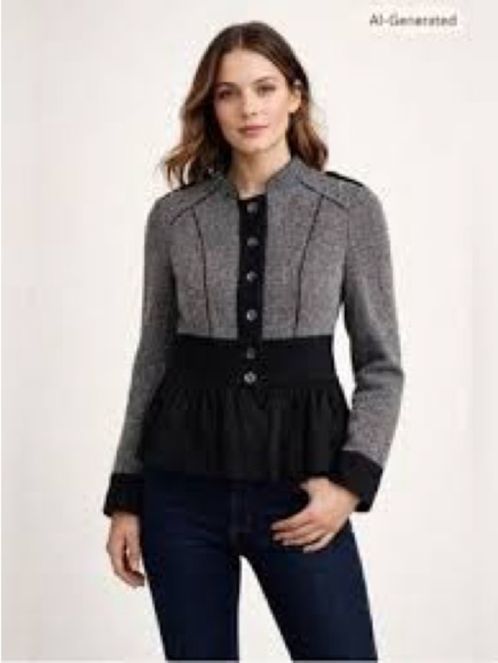 Tailored Gray Peplum Button-Front Jacket with Black Trim